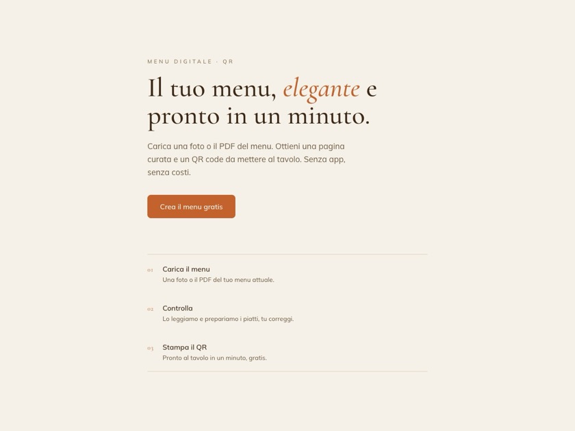 Il tuo menu digitale. Gratis, in un minuto.
